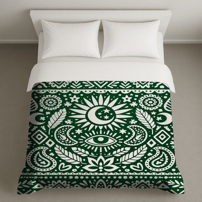 Housses de couette vertes à motif cachemire, Très grand lit