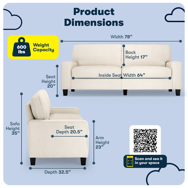 Serta Palisades Track Arm Sofa, Easy Care Fabric, Soft Pillow Back, Pocket Coil Seat Cushions, Light Gray Polyester, 78"