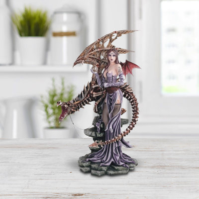 26"H Gothic Fairy With Skeleton Ghost Dragon Statue Fantasy Decoration Figurine Large Sculpture