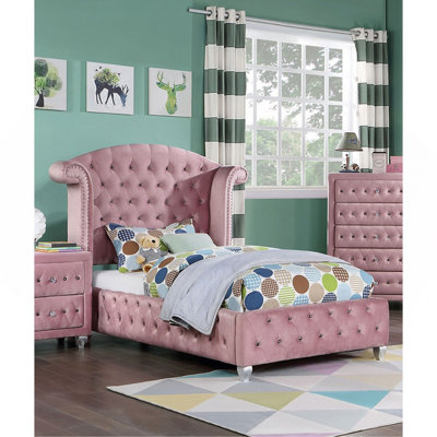 Glam Contemporary Pink Flannelette Upholstered 1Pc Twin Size Bed Cabriole Legs Wingback Design Bedroom Furniture