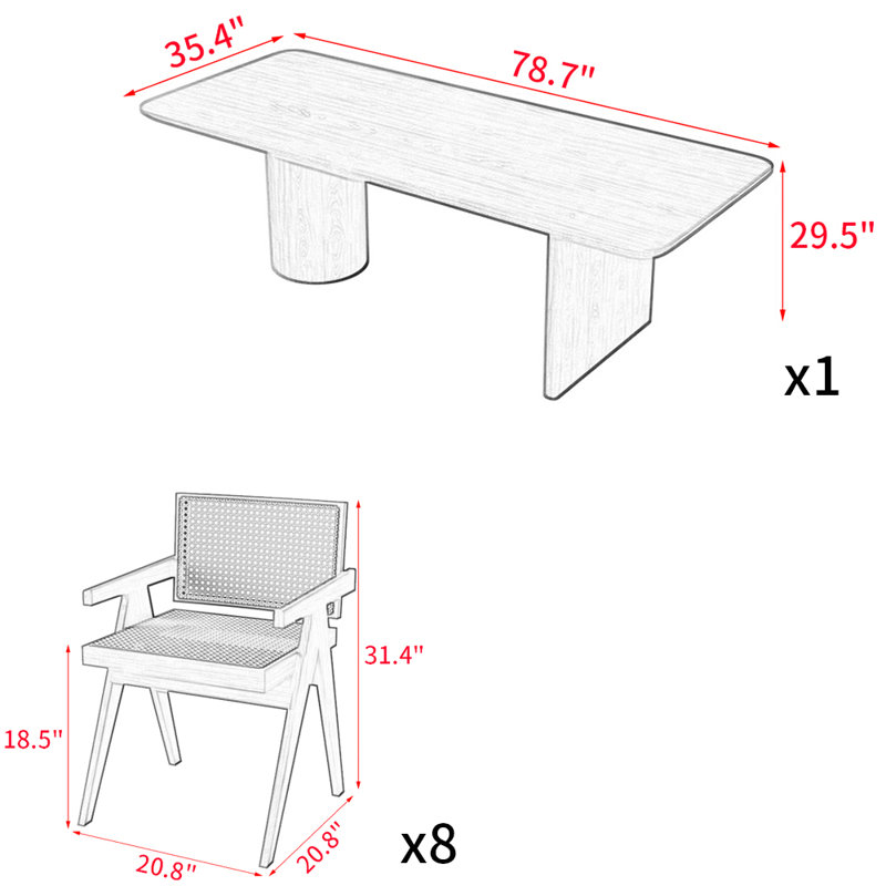 Japanese solid wood rectangular dining table set, 29.5"H x 78.7"L x 35.4"W