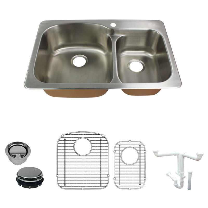 Classic 33'' L Drop-In Double Bowl Stainless Steel Kitchen Sink, 1 Hole