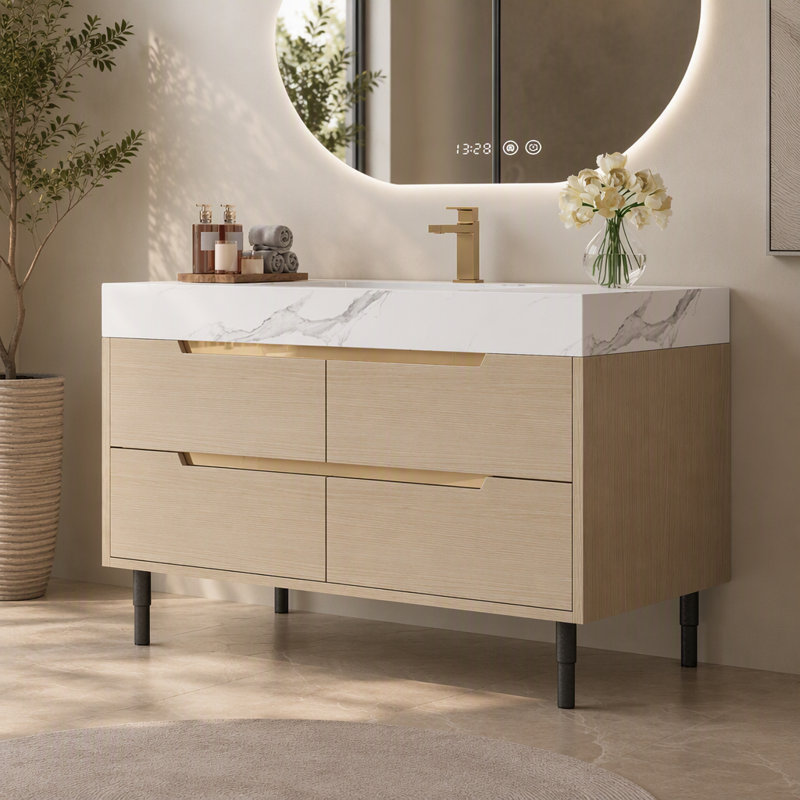Meuble-lavabo moderne de 90,8 cm (35,75 pouces), comptoir en pierre frittée, lavabo encastré en céramique, armoire en bois massif imperméable, 4 tiroirs, à poser ou à fixer au mur