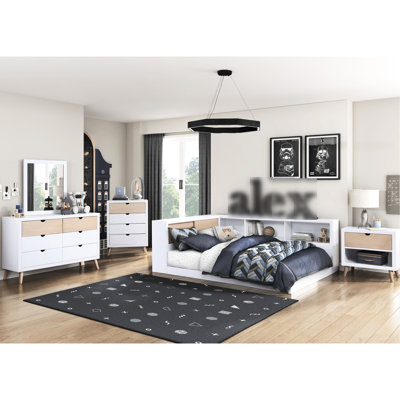 Lit double pour enfant avec tête de lit bibliothèque - Finition blanche, sans fondation, option de rangement pour porte coulissante peu encombrante