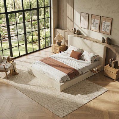 Hampton Cloud Upholstered Bed Frame with Sliding Side Table, Corduroy Platform Bed, No Box Spring Needed, Easy Assembly