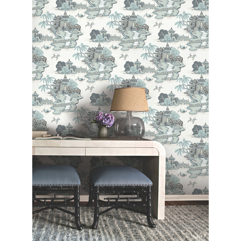 Pagoda And Sampan Scenic Vinyl Wallpaper Roll, Seamist