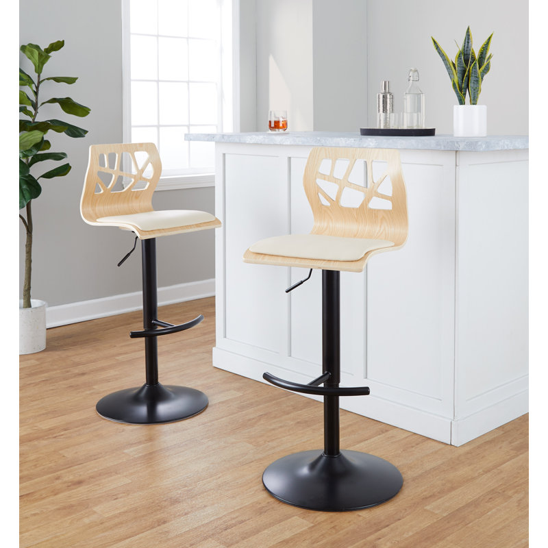 Tabourets ajustables avec repose-pieds arrondi Fayette, Noir, Similicuir crème / bois naturel