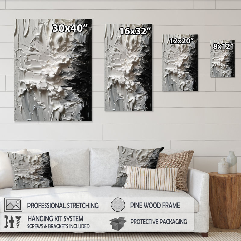 «White and Black Tranquility Unleashed V», art abstrait sur toile marbrée, H 20 po x l 12 po x P 1 po, Encadrement doré