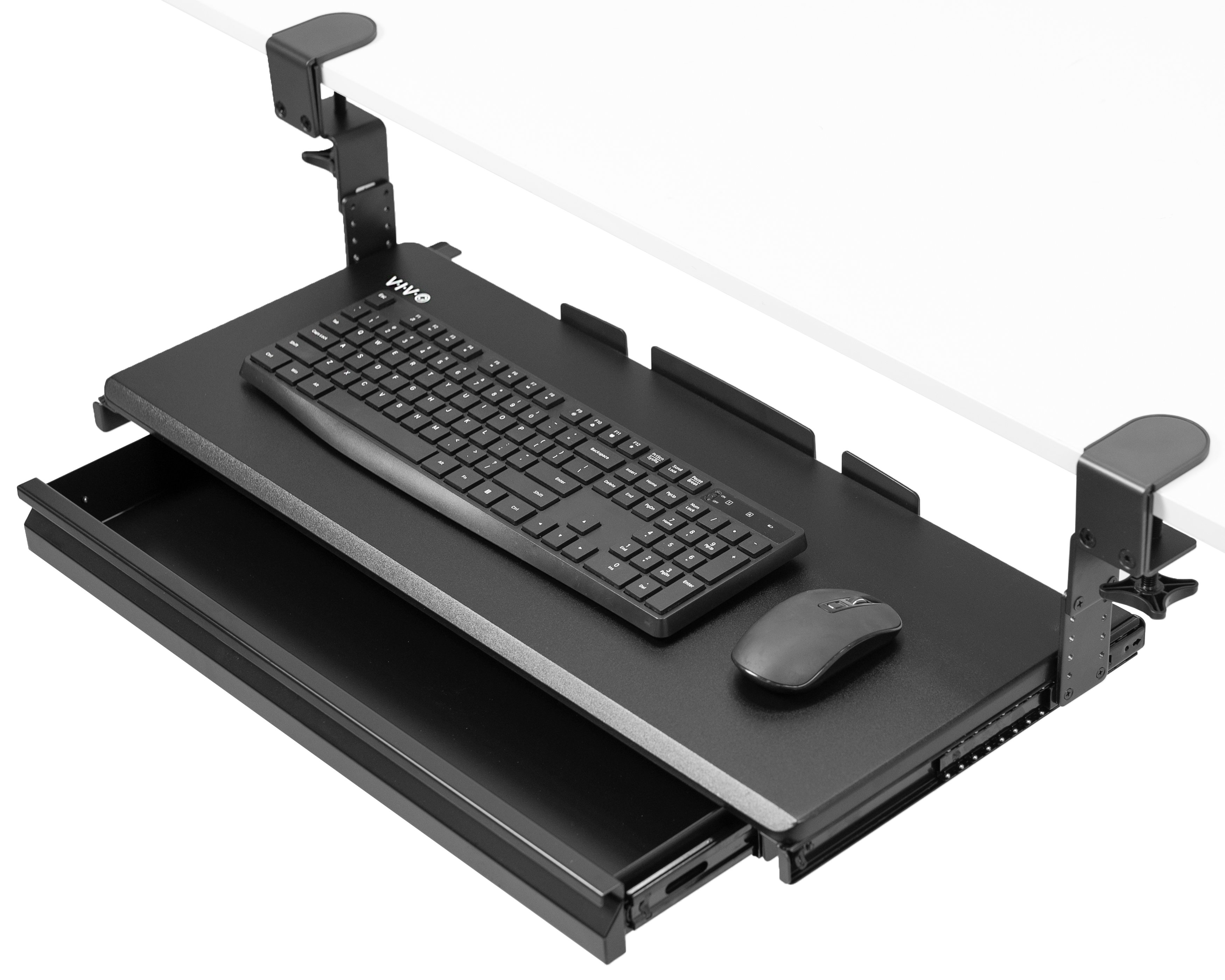 Vivo height adjustable clamp on computer keyboard tray with storage