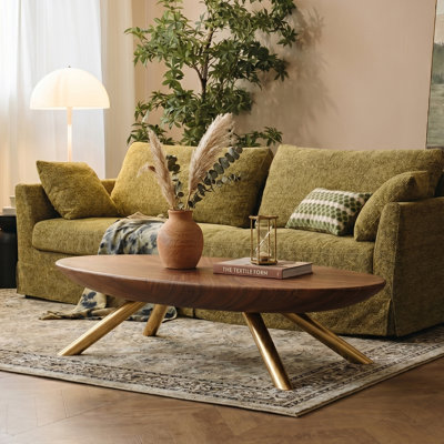 51" Oval Coffee Table, Modern Walnut Wood Cocktail Table with Gold Metal Legs, Mid-Century Center Table for Living Room