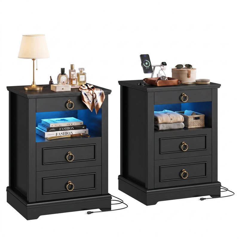 3-Drawer Dresser, 2 Pcs, White & Black, Set of 2, Black