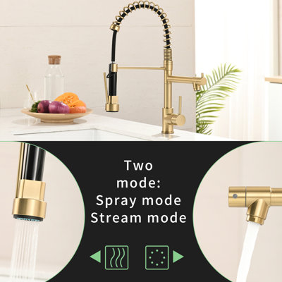 Robinet de cuisine Enchanting Gold avec bras rétractable sur 360 °, poignée simple, lavabo à double fonction en laiton, remplissage en céramique, luminosité moderne