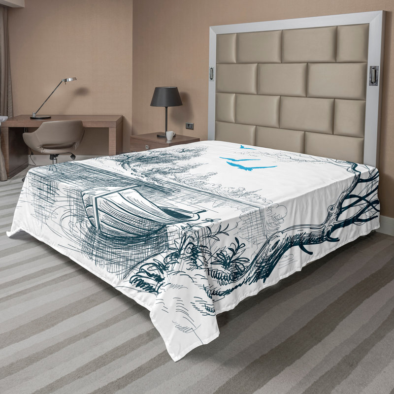 «Ambesonne», bateau à draps sur fond de rivière, dessin blanc gris bleu, Drap plat pour très grand lit californien