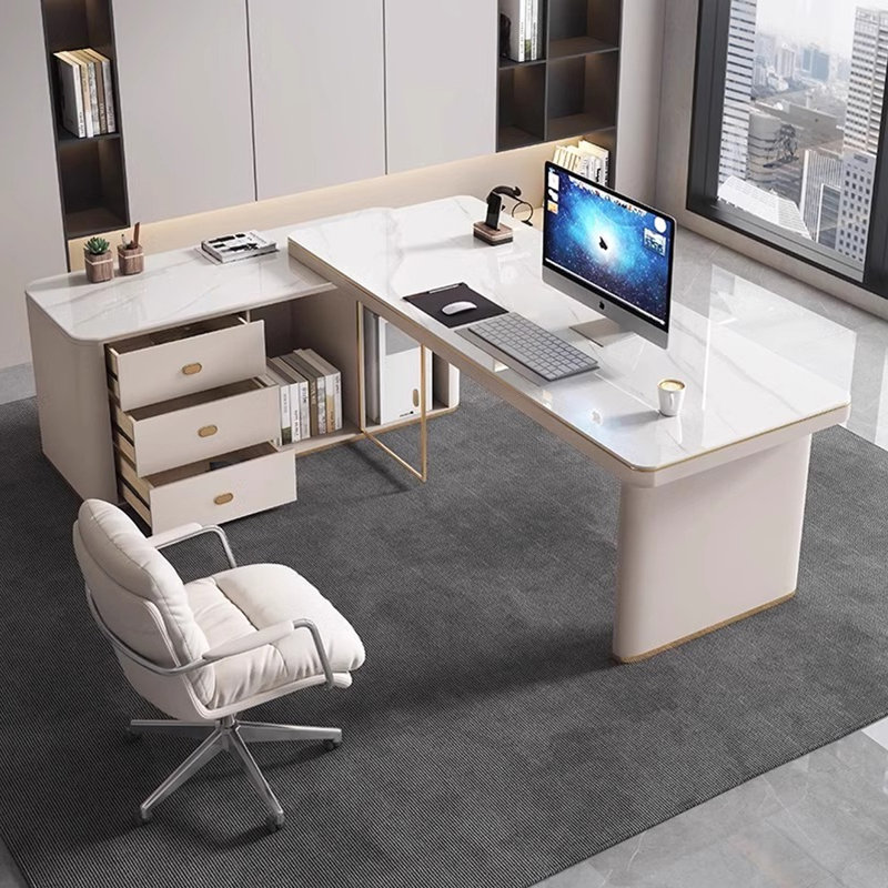 Bureau blanc et blanc en bois fritté en forme de L + bois manufacturé avec 3 tiroirs, H 29,53 po x l 62,99 po x P 27,56 po