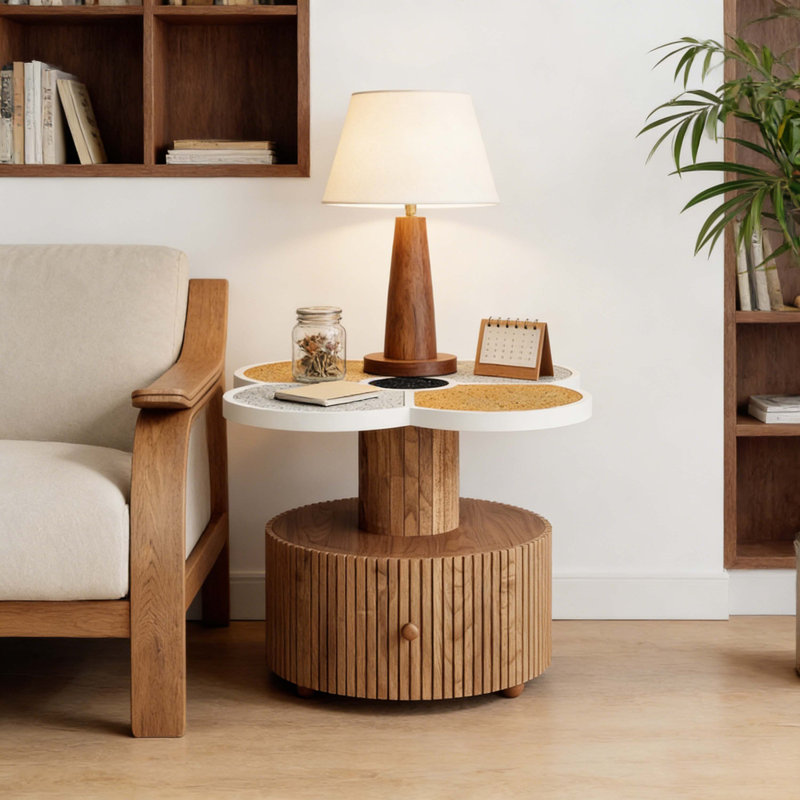 Table d'appoint unique à trèfle à quatre feuilles pour le salon, la chambre à coucher et les petits espaces - Table d'appoint avec base en grain de bois avec fonction de rangement