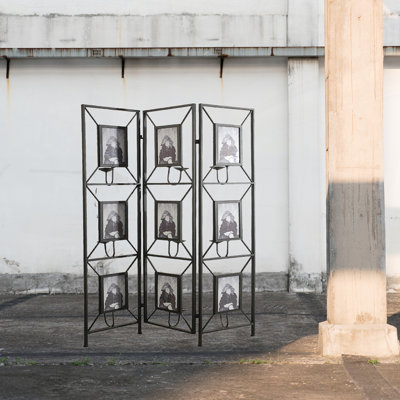 3 Panel Decorative Screen With Photo Frames, Antique Mirror