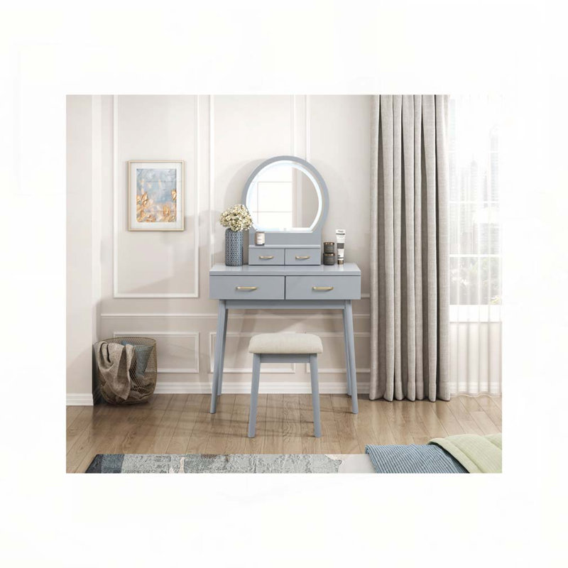 Beautiful Gray Finish Vanity Dresser with Mirror and Stool Set Storage Drawers Luxury Furniture 1pc LED Mirror, Gray