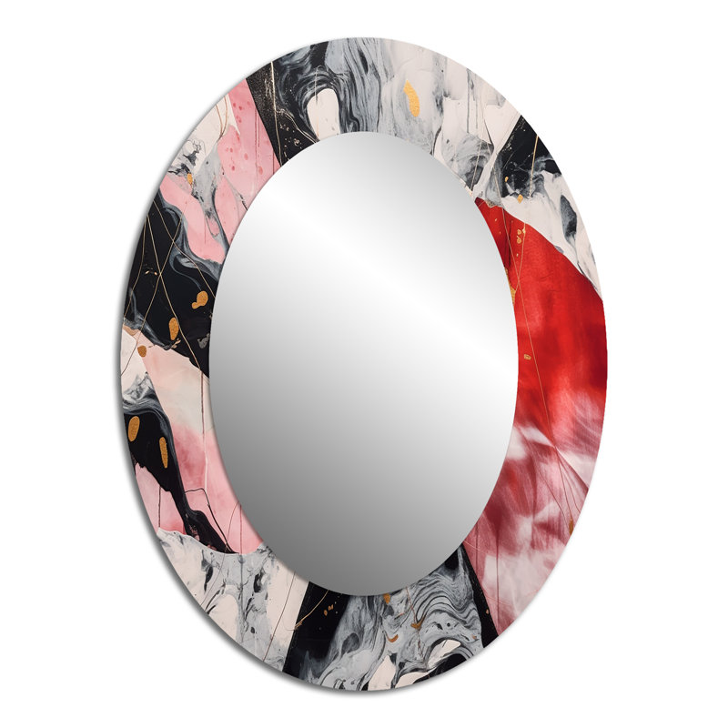 Red and Black Marble Whispers II - Grand miroir mural ovale sur métal, 40 po x 30 po