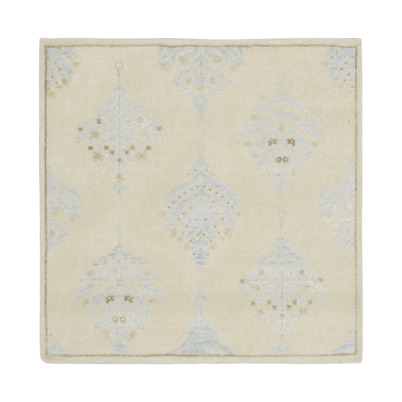 Handmade Silk Floral Area Rug, Beige, Square 3'8"