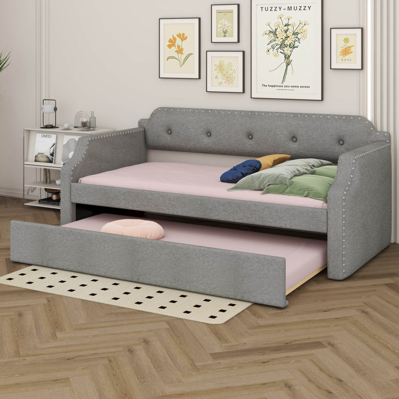 Twin Size Linen Upholstered Daybed With Trundle, Wooden Frame Armrests Bed W/Wood Slat Support, Arched Back & Nailhead Trim