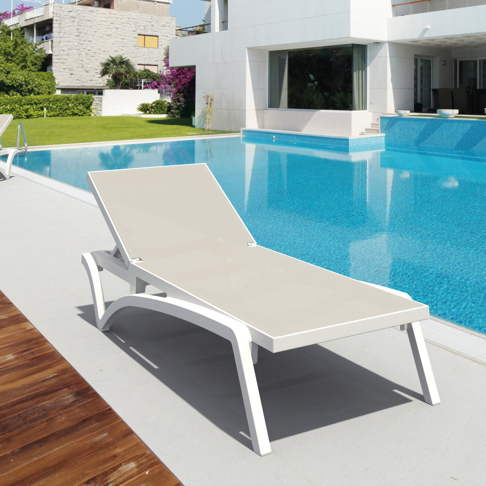 Estes 27" Patio Chaise Lounge, White/Taupe