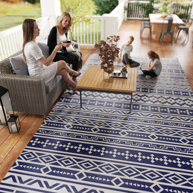 Tapis d'extérieur réversible, tapis de sol en paille de plastique imperméable, tapis de camping portatif pour camping-car, grand tapis de jardin, terrasse, pique-nique, plage, mur géométrique bleu et blanc