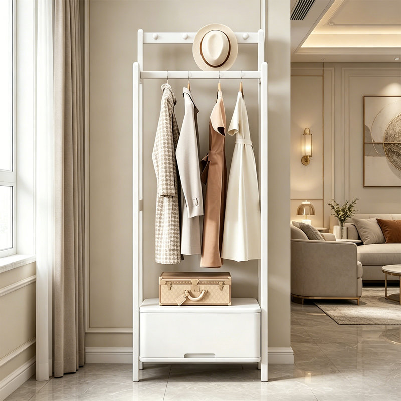 Walnut Wood Hall Tree Storage Rack, White
