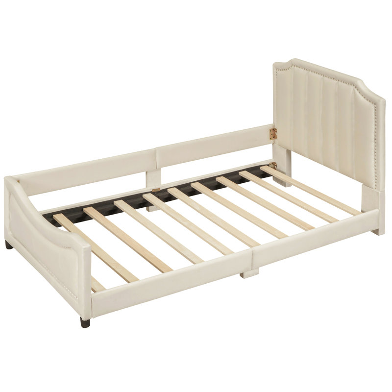 Twin Daybed In Beige With Enchanting Classic Stripe Headboard - And Wood Frame For A Stylish Bedroom Delightful Construction