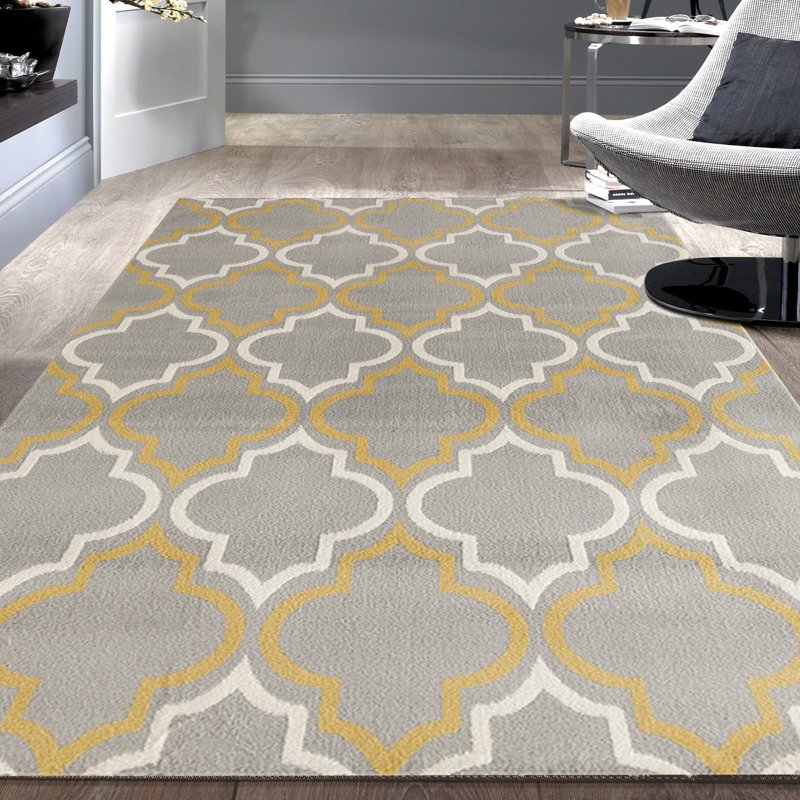 Tapis gris / jaune à motif géométrique, Rectangle 5 pi x 7 pi