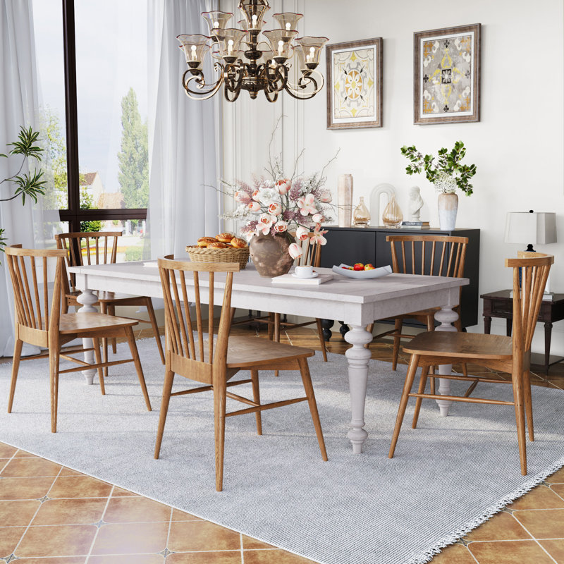 Extendable Solid Wood Dining Table Sets, Brown, White