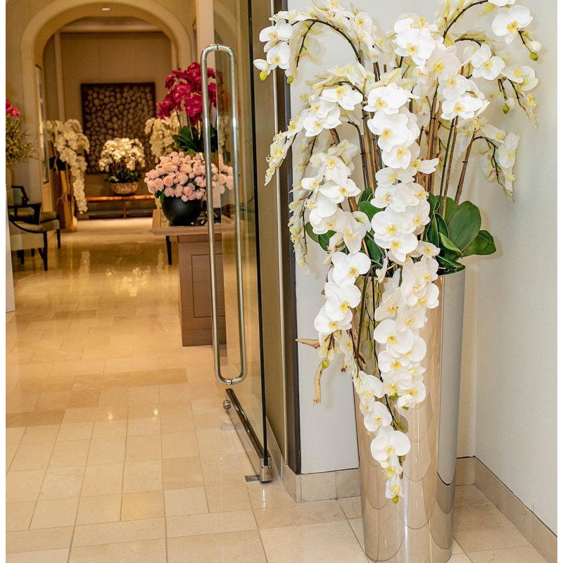 Cascading White Phalaenopsis Orchids In Tapered Polished  Cone Planter, Silver