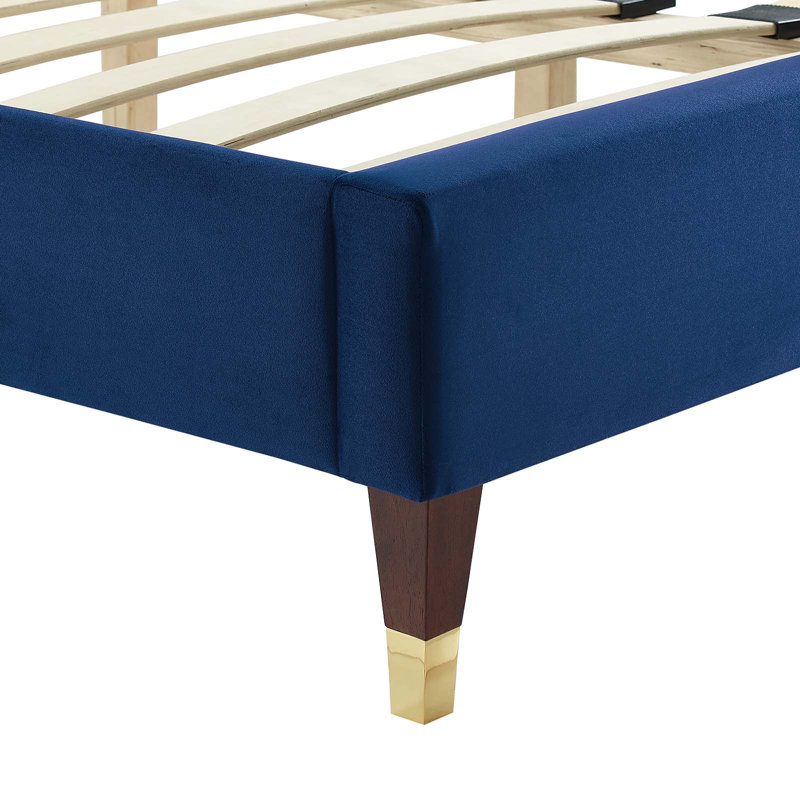 Lit plateforme en velours Yasmine Channel, Bleu marine, Double