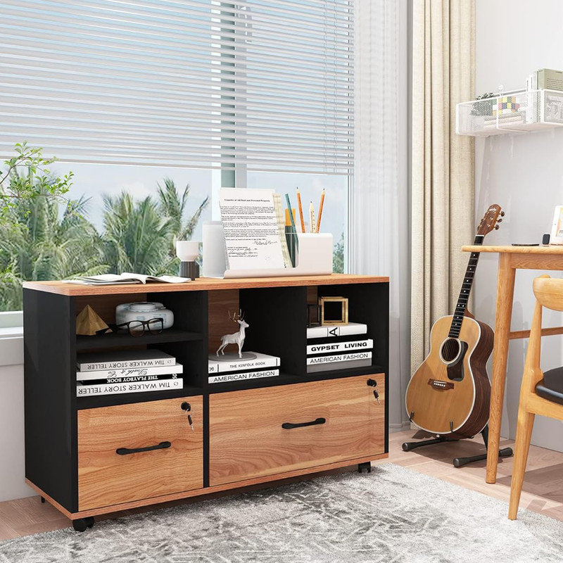 2 Drawer File Cabinet with Lock, Walnut Rolling File Cabinet for Home Office Fits Files Letter/Legal/F4/A4
