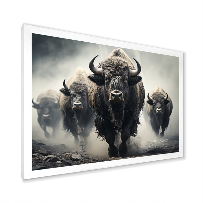 «Gray Buffalo Gentle Guardians I», art mural Buffalo, H 30 po x l 40 po x P 1,5 po, Cadre simple blanc