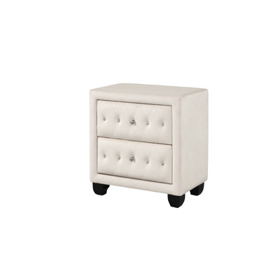 Table de chevet décorée de cristal 2 avec revêtement en velours crème lisse et motif en cristal