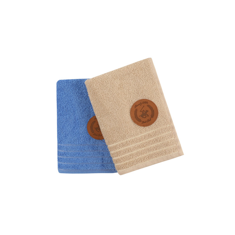 2 Piece 100% Cotton Hand Towel Set, Blue/Cream