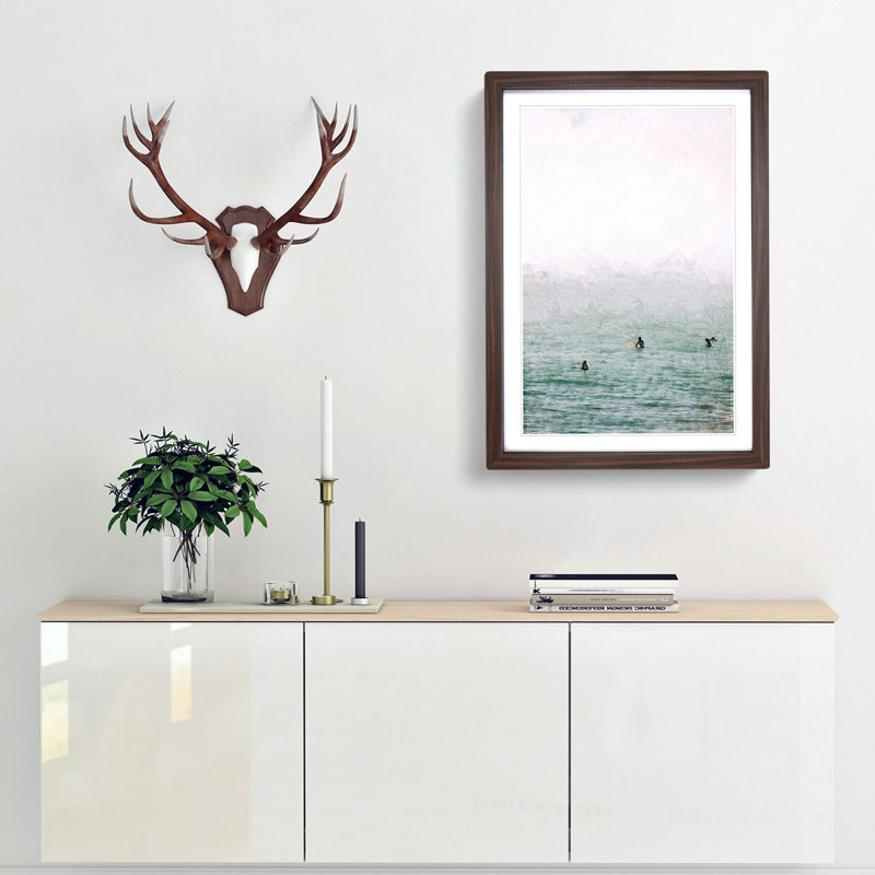 Surfers Waiting to Surf - Picture Frame Painting Print on MDF, 48cm H x 36cm W x 2cm D, Walnut Framed