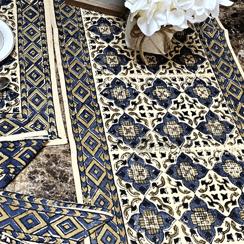 Nigoghos Cotton Veggie Dye Hand Block Printed Tablecloth Collection, 72"  x 15", Yellow
