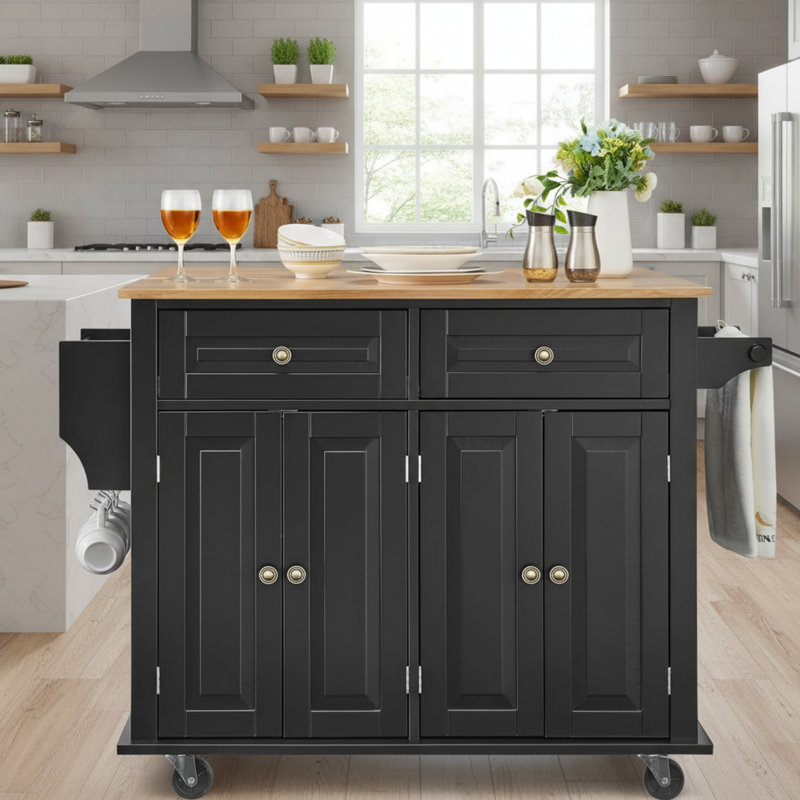  Farmhouse-Style Folding Kitchen Cart Is Portable, With A Large Cutting Board Countertop, And Includes Storage Cabinets, Drawers, And Shelves/Spice Racks.