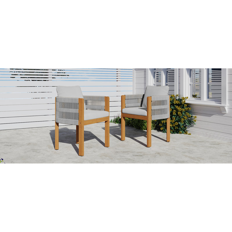 Ensemble de 2 chaises d'extérieur en bois d'acacia avec poignées en corde, coussins lavables et imperméables, capacité de 400 lb