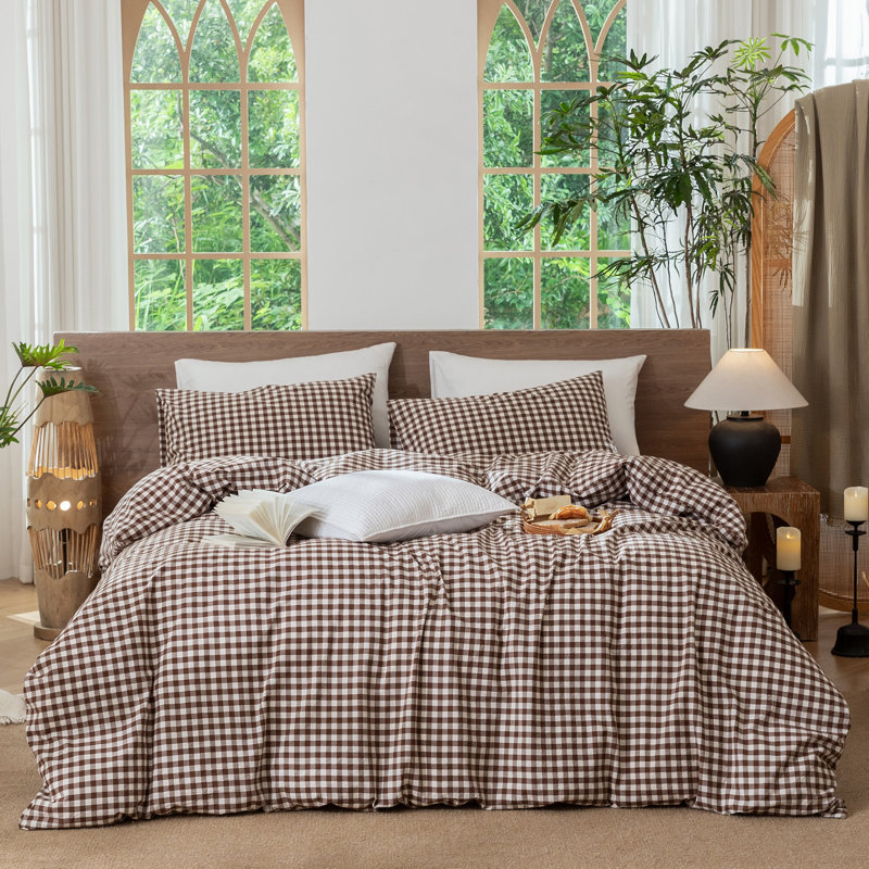 MooMee Gingham Duvet Cover Set 100% Washed Cotton Linen Like Lightweight, Forest Green