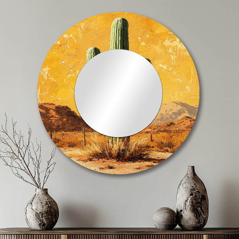 Cactus And The Desert Heat I - Floral Cactus Accent Wall Mirror - Printed On Metal, 29" x 29"