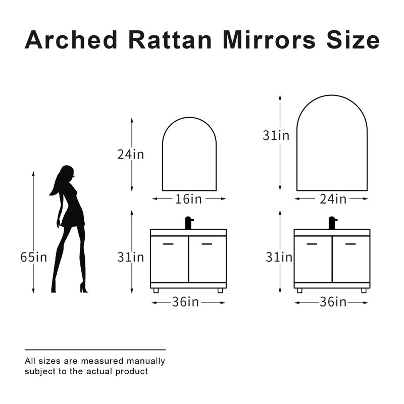 Elize Arch Handcrafted Rattan Wall Mirror, Natural Boho Décor Accent, For Livingroom, Bedroom, 24" x 16"