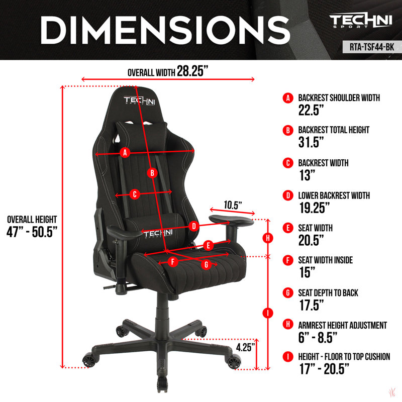 Sport TS-F44 Fabric Ergonomic High Back Racer Style PC Gaming Chair, Black