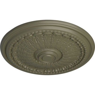 Médaillon de plafond endurathane traditionnel avec feuilles d'acanthe, DO 26 po x P 3 1/8 po x P 1 1/2 po (convient aux auvents jusqu'à 4 1/4 po), finition craquelée en pierre de château peinte à la main