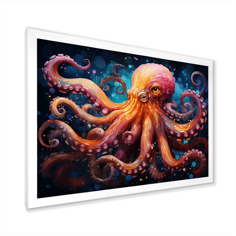 Octopus Expressionist Abyss II sur toile, Cadre simple blanc, H 34 po x l 44 po x P 1,5 po