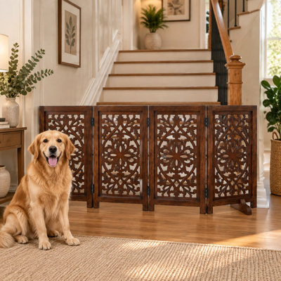 4-Panel Freestanding Foldable Wooden Dog Gate