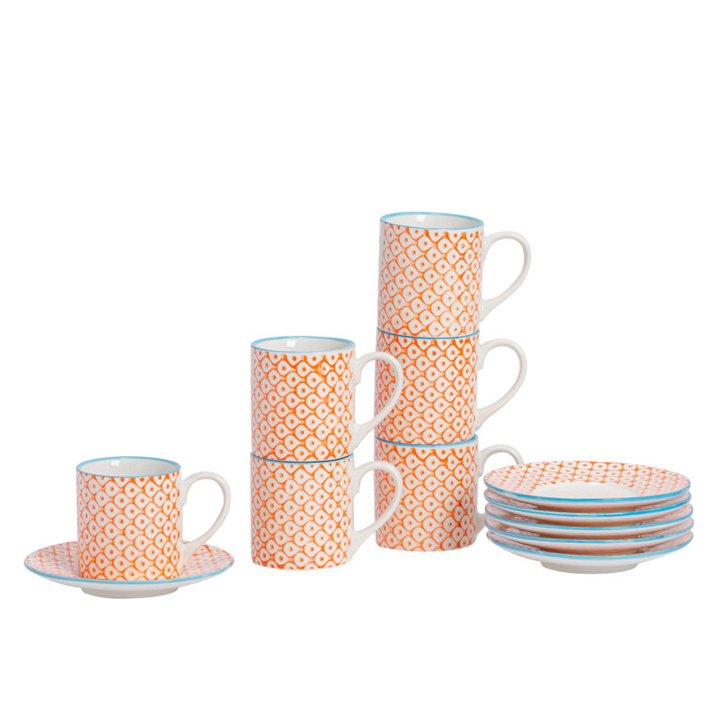 Nicola Spring - Hand-Printed Espresso Cup & Saucer Set - 65ml - Orange, 6