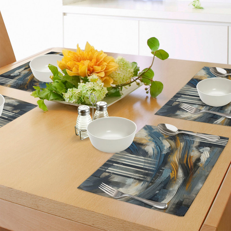 Abstract Brushstroke Navy Blue and Orange Polyester Placemats Set of 4