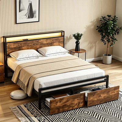 Full Size Bed Frame with Storage Headboard and 2 Drawers, LED Lights Platform Bed with Charging Station (3 USB & Type-C), Metal Bed No Box Spring Needed, Noise-Free
